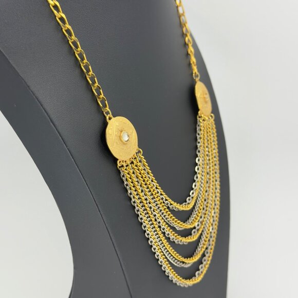 Vintage Multi Strand Festoon Gold Silver Chain Necklace Ornate Discs Hearts - Picture 6 of 14